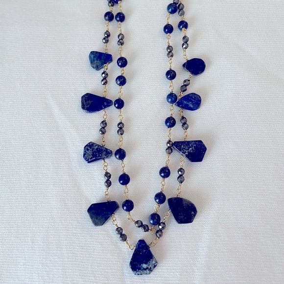 Pretty Goldtone Two-Strand Beaded Necklace with Blue Stones and Beads - Picture 7 of 10